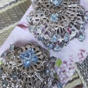 Vintage Silver and Blue dangle Rhinestone Earrings